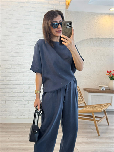 Yarasa Kol Tensel Keten Şalvar Pantolonlu Takım Lacivert