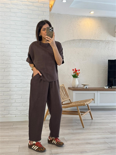 Yarasa Kol Tensel Keten Şalvar Pantolonlu Takım Kahve