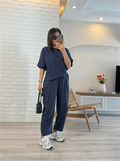 Yarasa Kol Tensel Keten Şalvar Pantolonlu Takım Lacivert