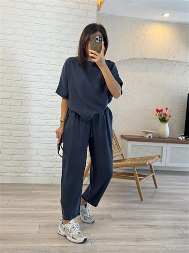 Yarasa Kol Tensel Keten Şalvar Pantolonlu Takım Lacivert