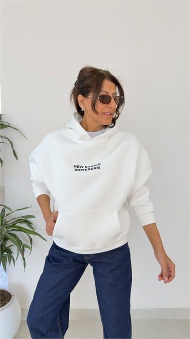 Yazı Baskılı Kapşonlu Üç İplik Şardonlu Sweat Ekru