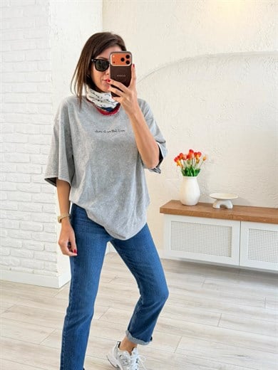 Yazı Baskılı Oversıze Tişört Eskitme Gri