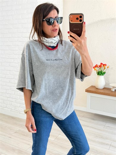 Yazı Baskılı Oversıze Tişört Eskitme Gri