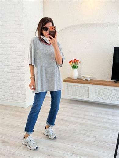 Yazı Baskılı Oversıze Tişört Eskitme Gri