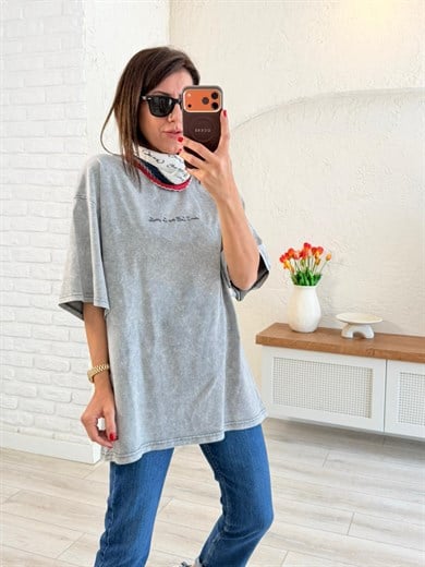Yazı Baskılı Oversıze Tişört Eskitme Gri