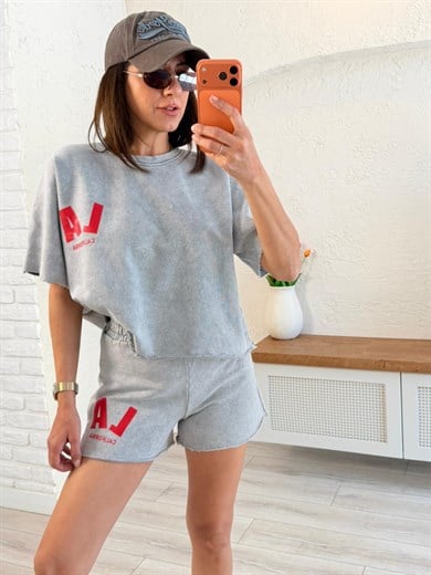Yazı Baskılı Taş Yıkamalı Oversize Takım Gri