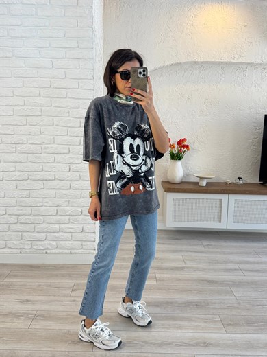 You Miki Baskılı Oversize Tişört Antrasit