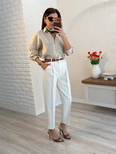 Yüksek Bel Kemerli Havuç Pantolon Ekru