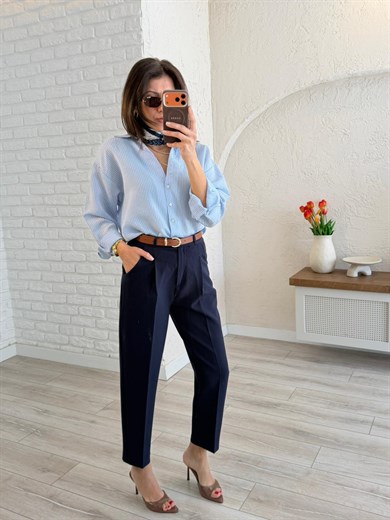 Yüksek Bel Kemerli Havuç Pantolon Lacivert