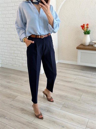 Yüksek Bel Kemerli Havuç Pantolon Lacivert