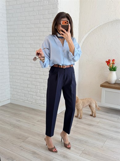 Yüksek Bel Kemerli Havuç Pantolon Lacivert