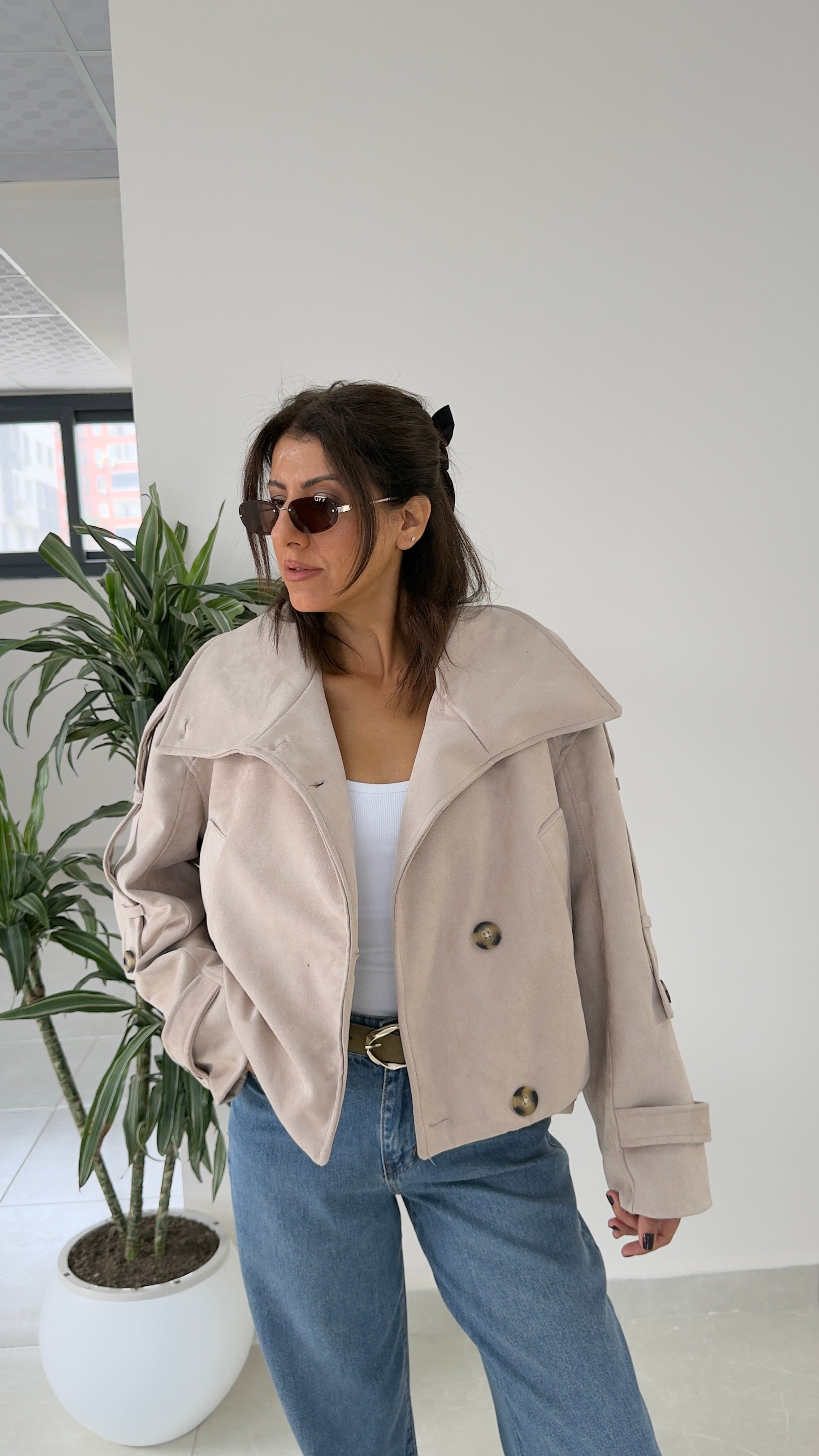  Dik Yaka Süet Oversize Ceket Bej 