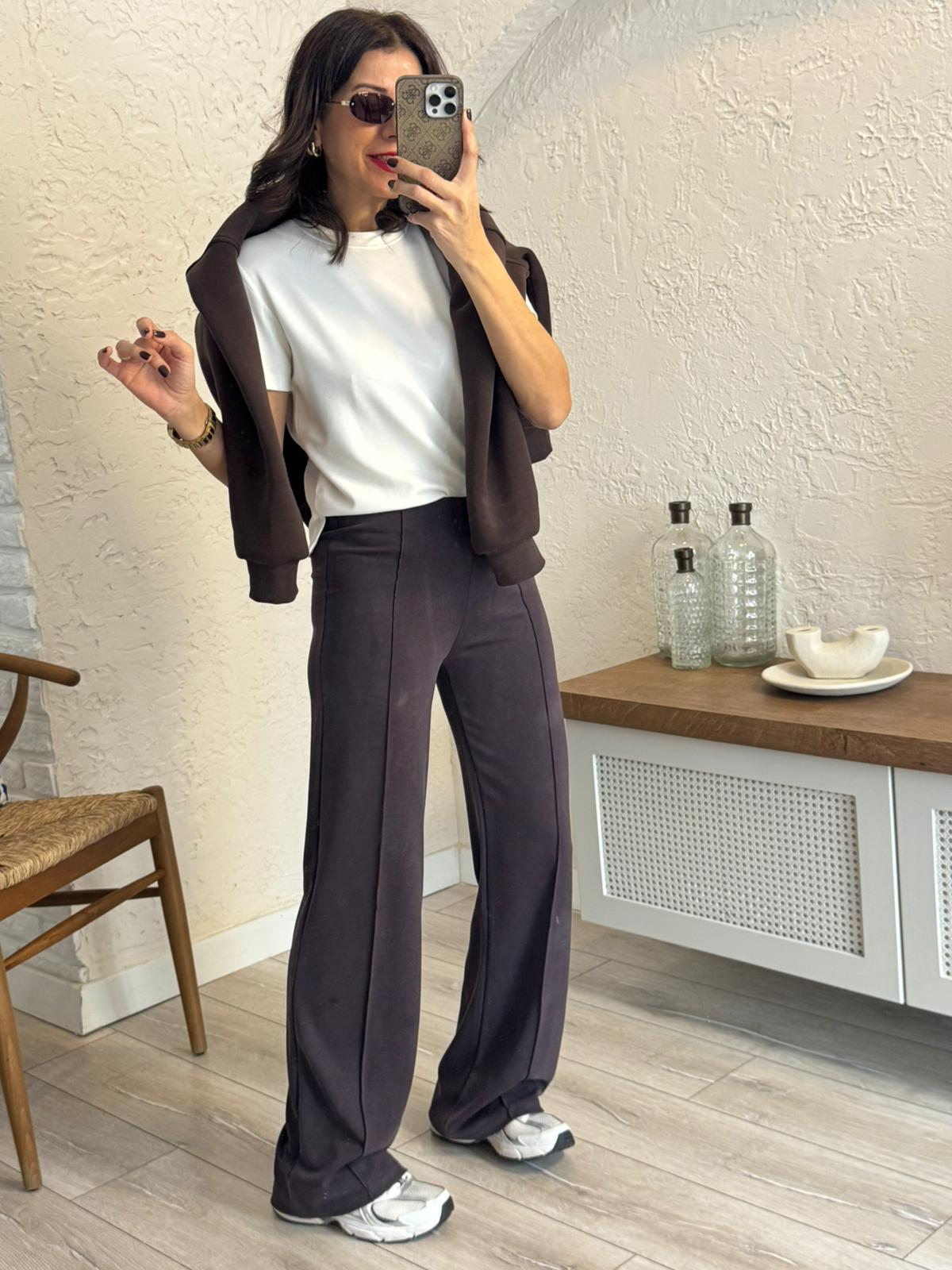  İthal Modal Kumaş Biyeli Pantolon Eskitme Kahve