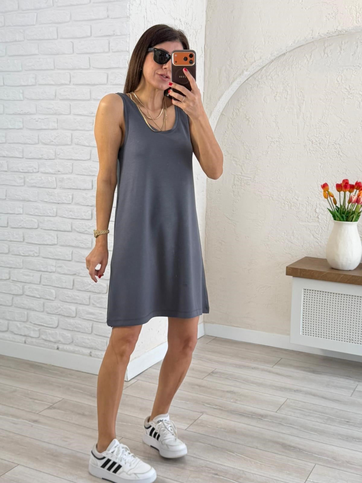  U Yaka Kalın Askılı Modal Elbise Antrasit 