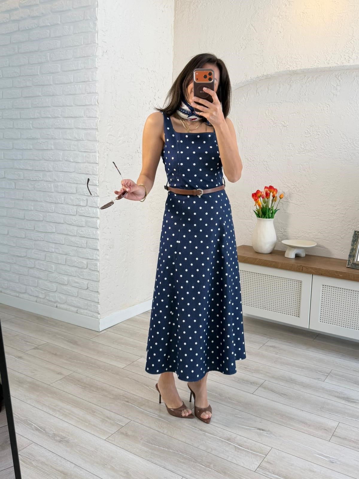 Askılı Puantiye Midi Elbise Lacivert 