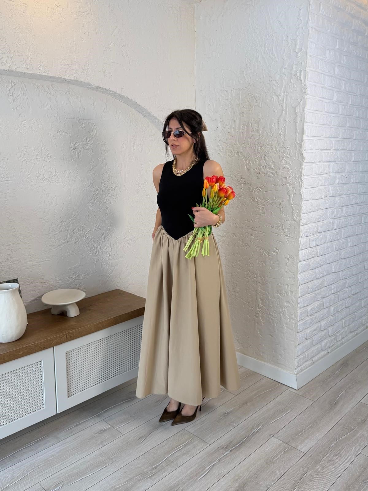 Bej Çift Parçalı Prenses Elbise