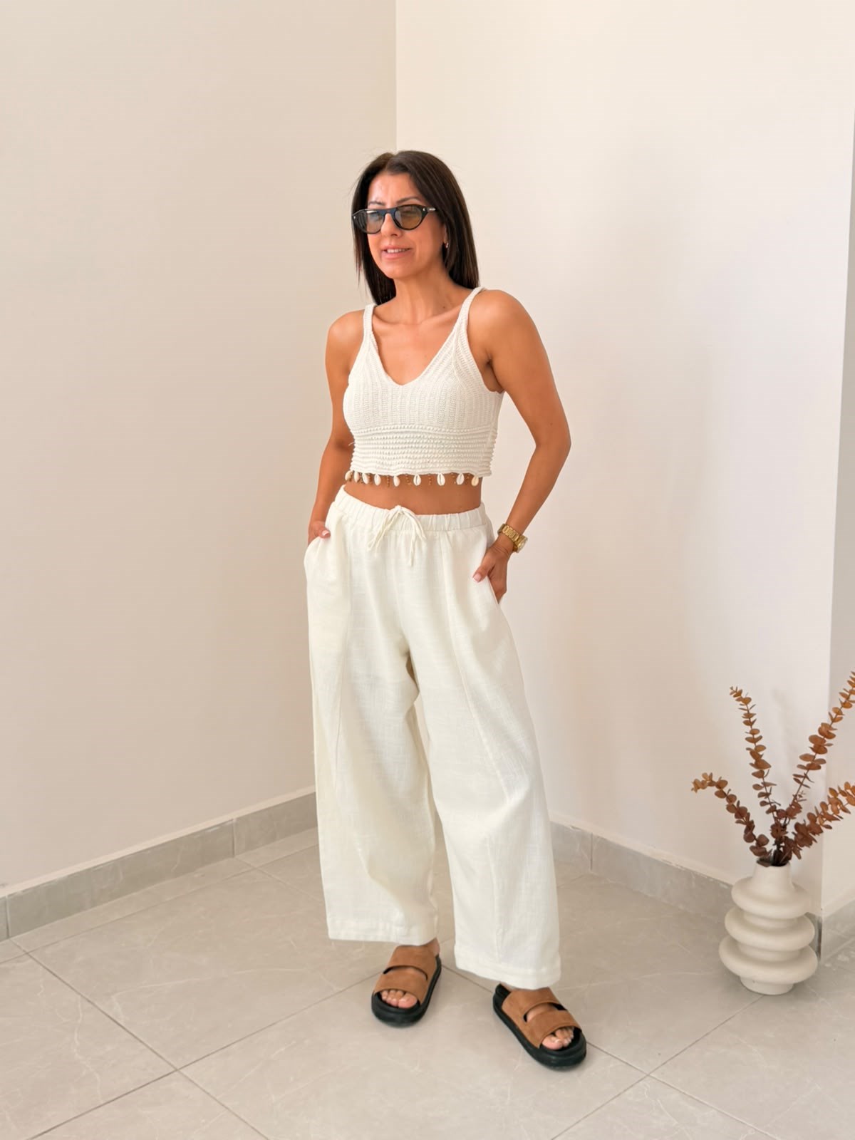 Bel Lastikli Pamuklu Keten Barrel Fit Pantolon Ekru
