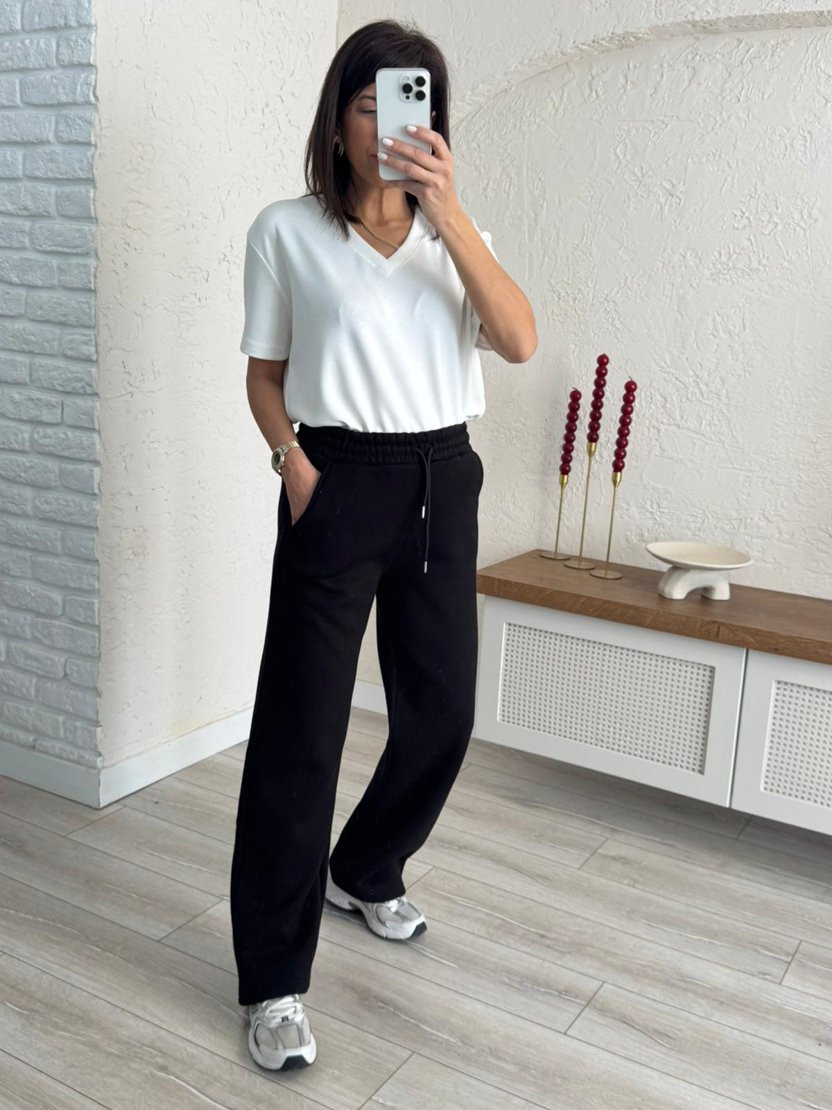 Bel Lastikli Üç İplik Şardonlu Geniş Paça Eşofman Altı Siyah