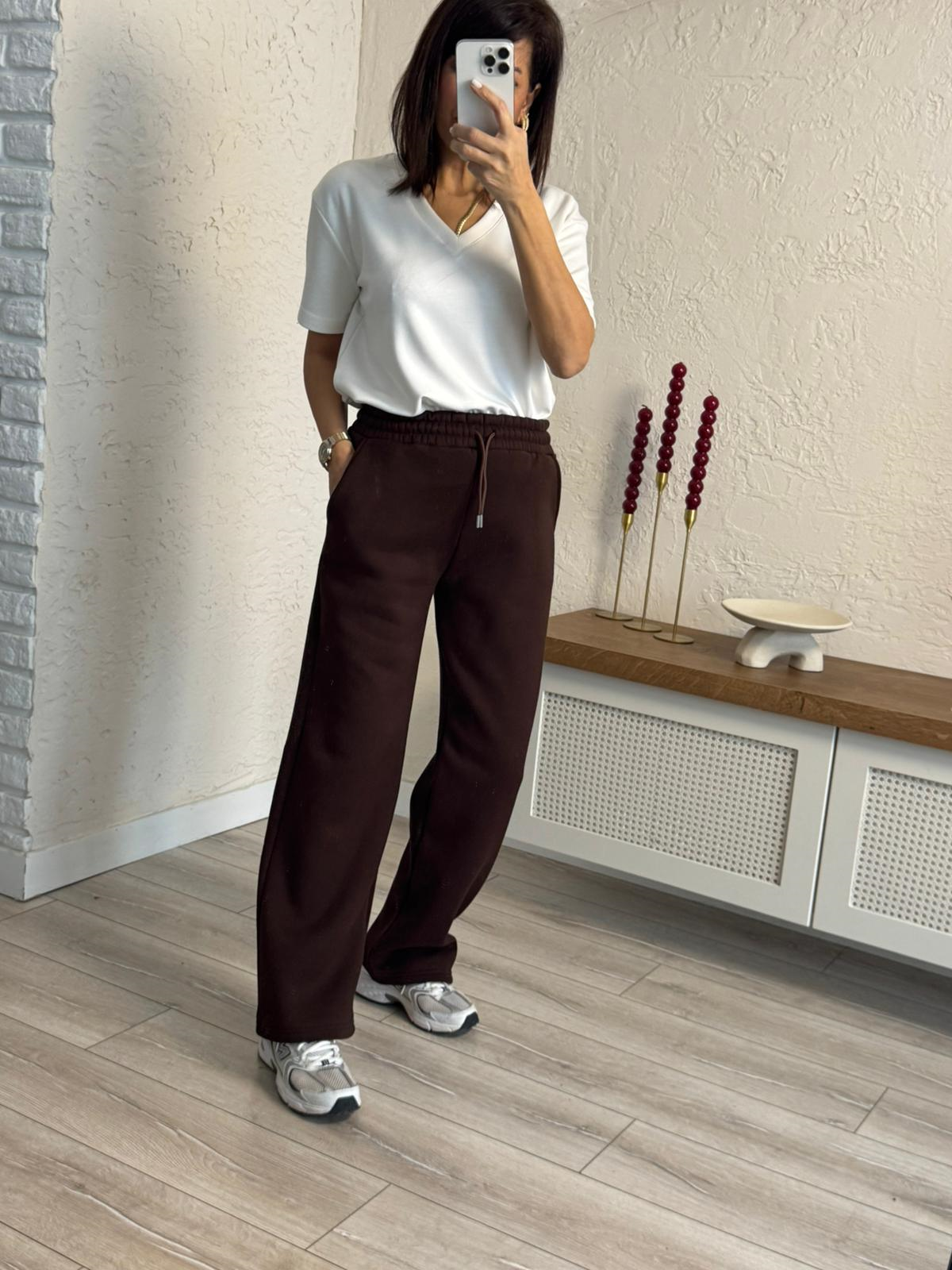 Bel Lastikli Üç İplik Şardonlu Geniş Paça Eşofman Altı Kahve