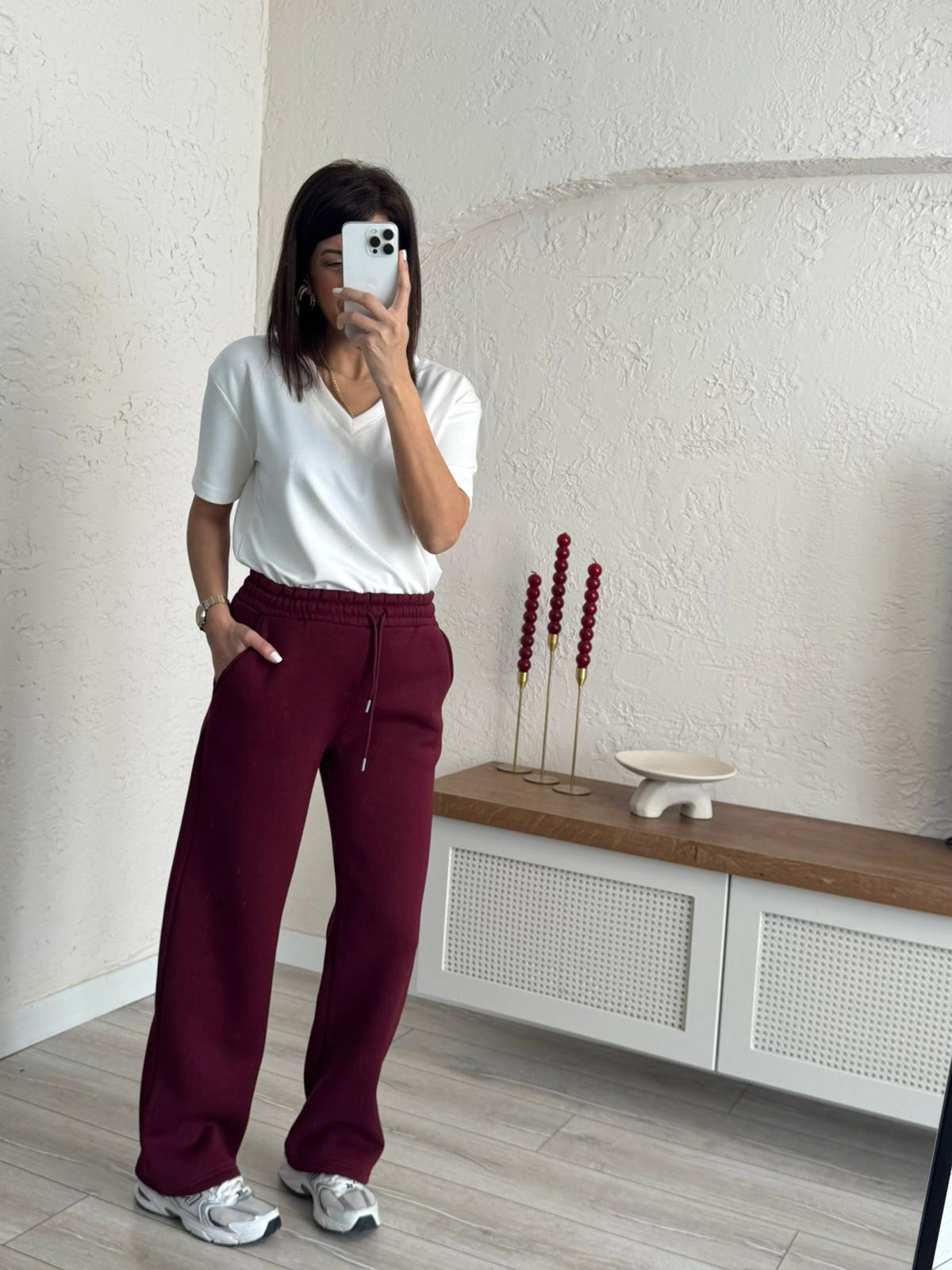 Bel Lastikli Üç İplik Şardonlu Geniş Paça Eşofman Altı Bordo