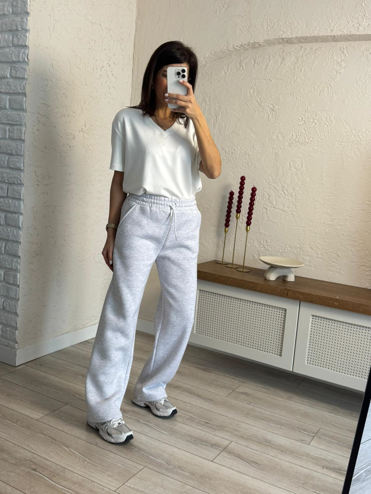 Bel Lastikli Üç İplik Şardonlu Geniş Paça Eşofman Altı Gri