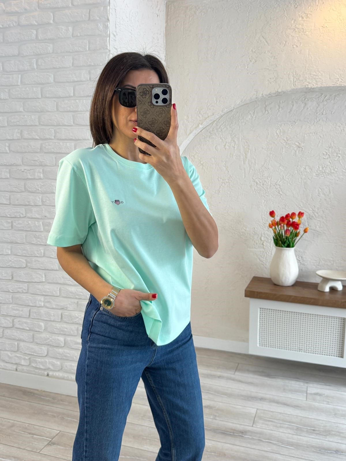 Bisiklet Yaka Arma Nakışlı Pamuklu Tişört Mint
