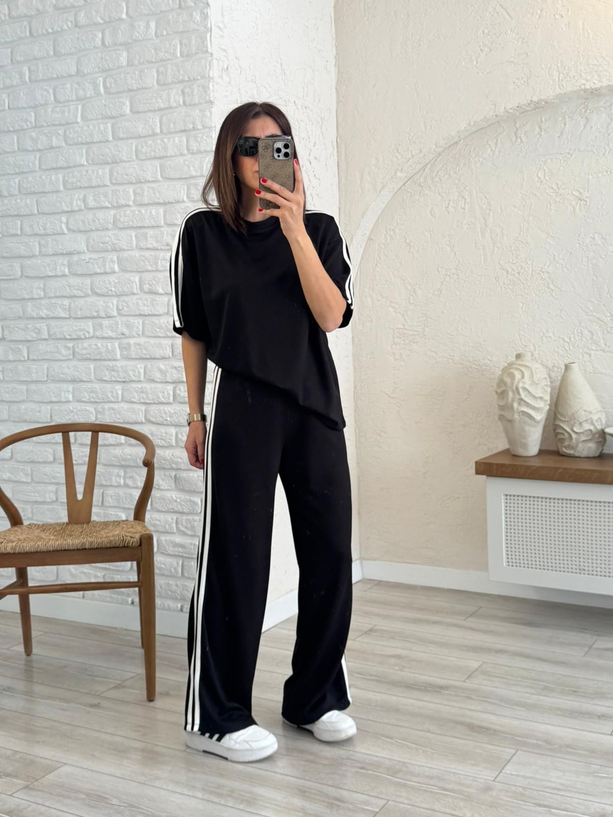 Bisiklet Yaka Çift Şeritli Modal Kumaş Takım Siyah