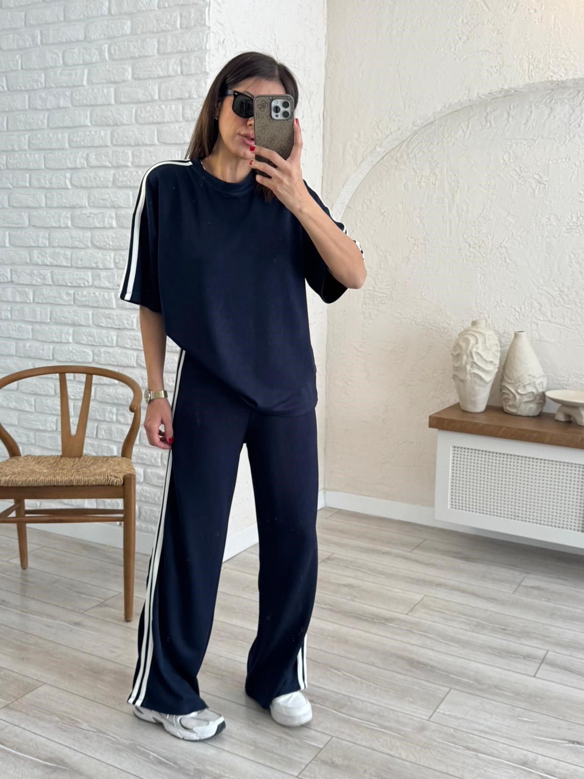 Bisiklet Yaka Çift Şeritli Modal Kumaş Takım Lacivert