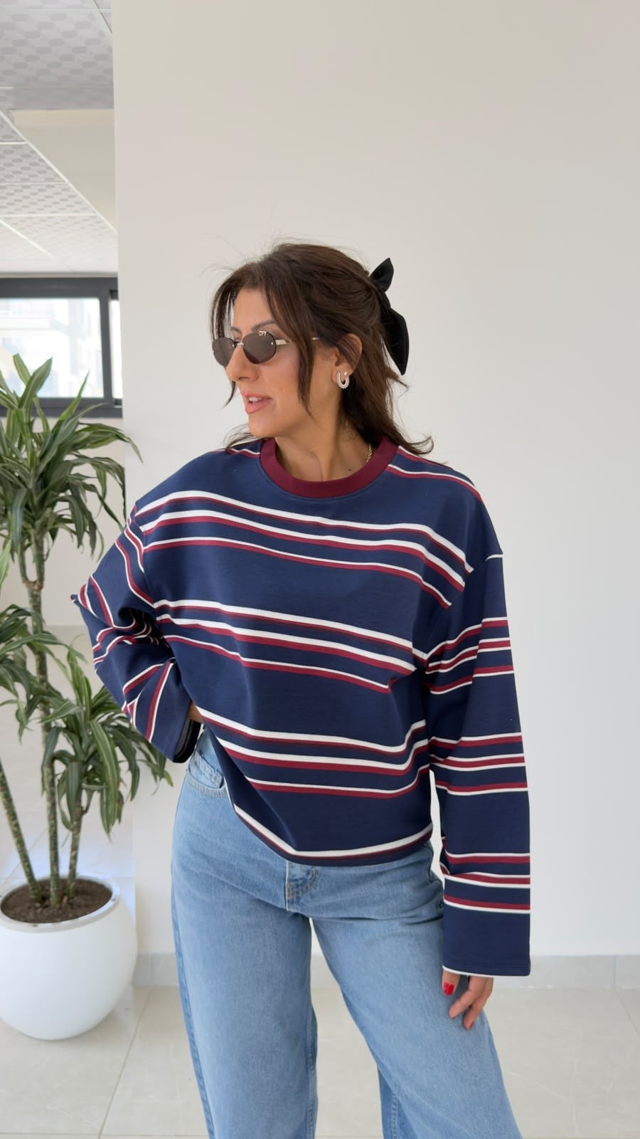 Bisiklet Yaka Geniş Kol Bordo Çizgili Sweat Lacivert