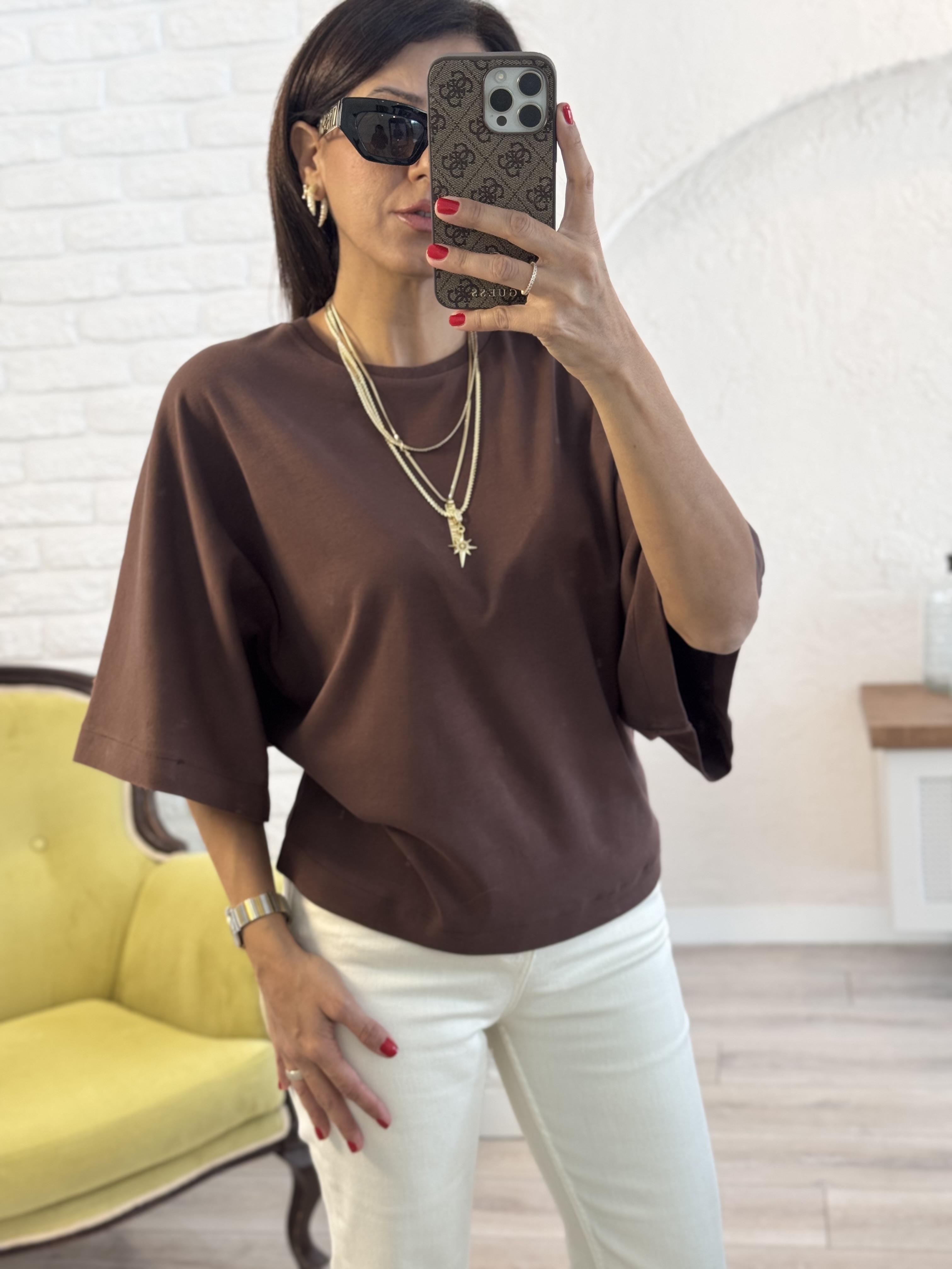 Bisiklet Yaka Geniş Kol Sırt Dikiş Detaylı Tshirt  Kahve