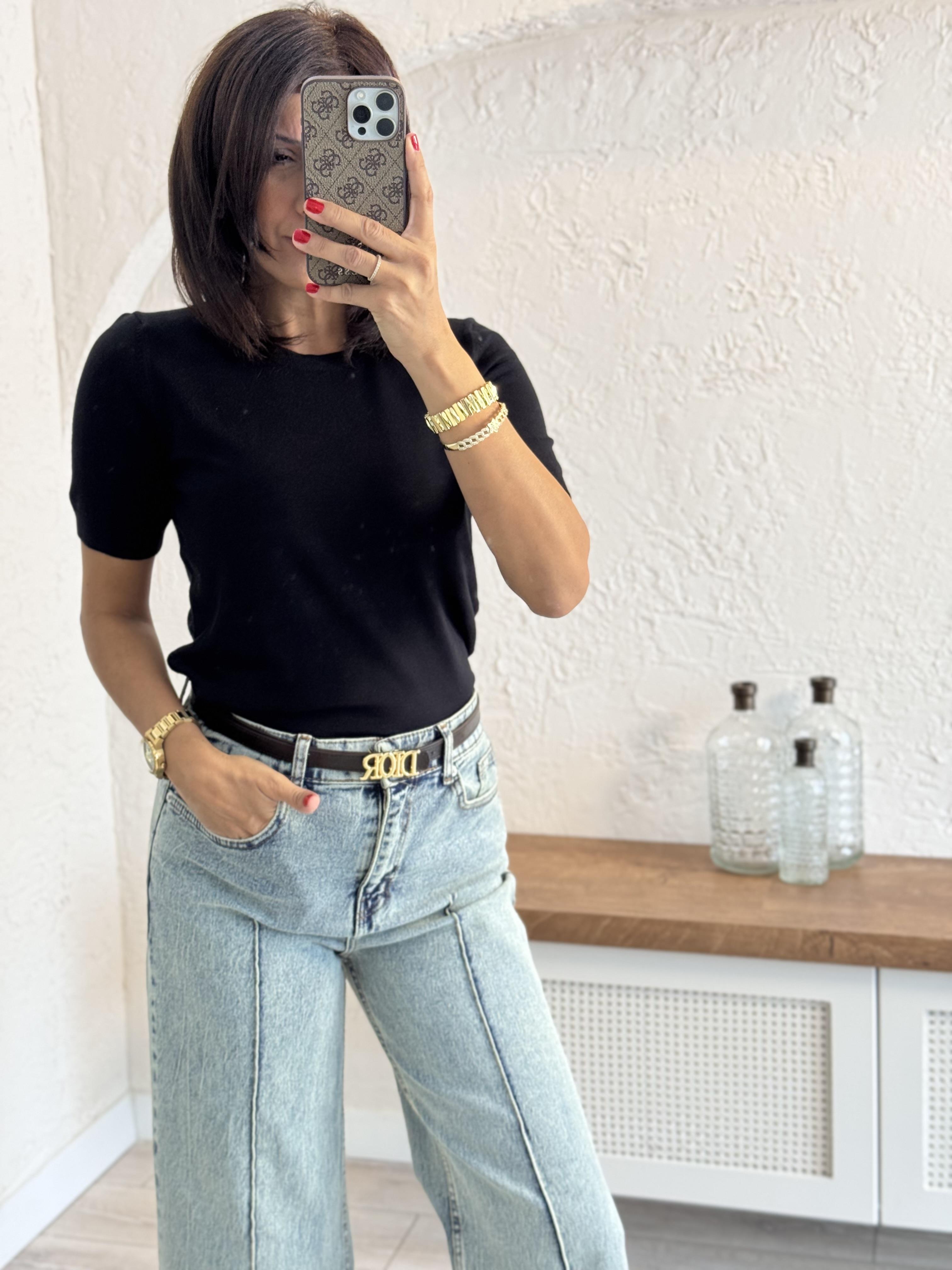 Bisiklet Yaka Kısa kol Basic Triko Bluz Siyah