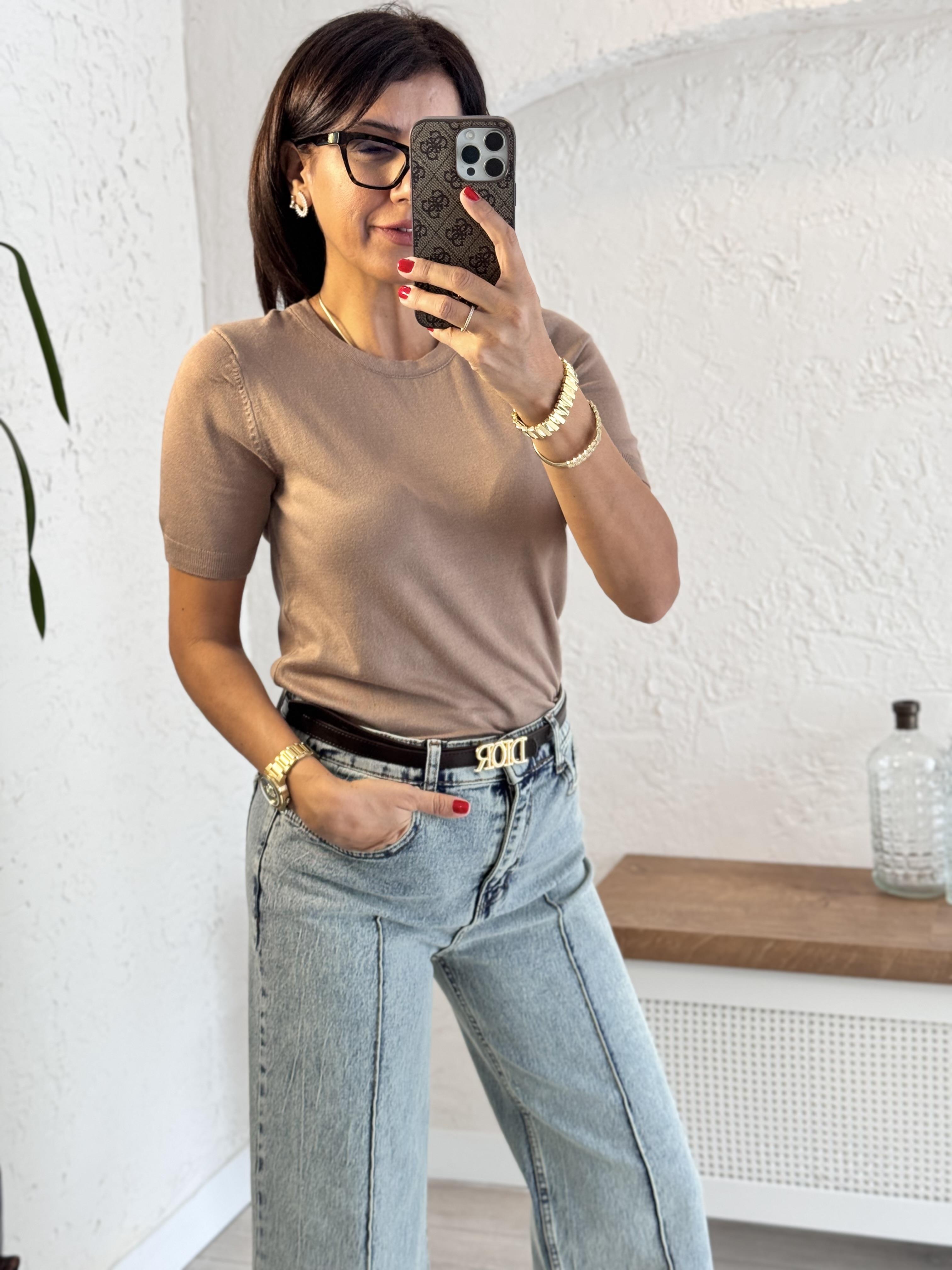 Bisiklet Yaka  Kısa Kol Basic Triko Bluz Koyu Vizon