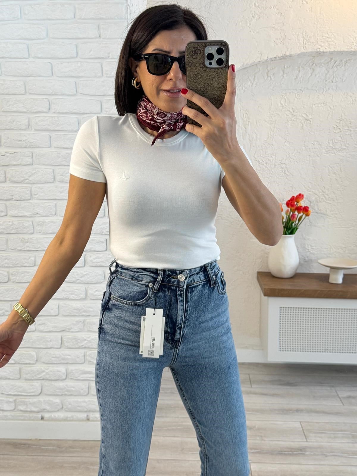 Bisiklet Yaka Kuş Nakışlı Pamuklu Badi Ekru