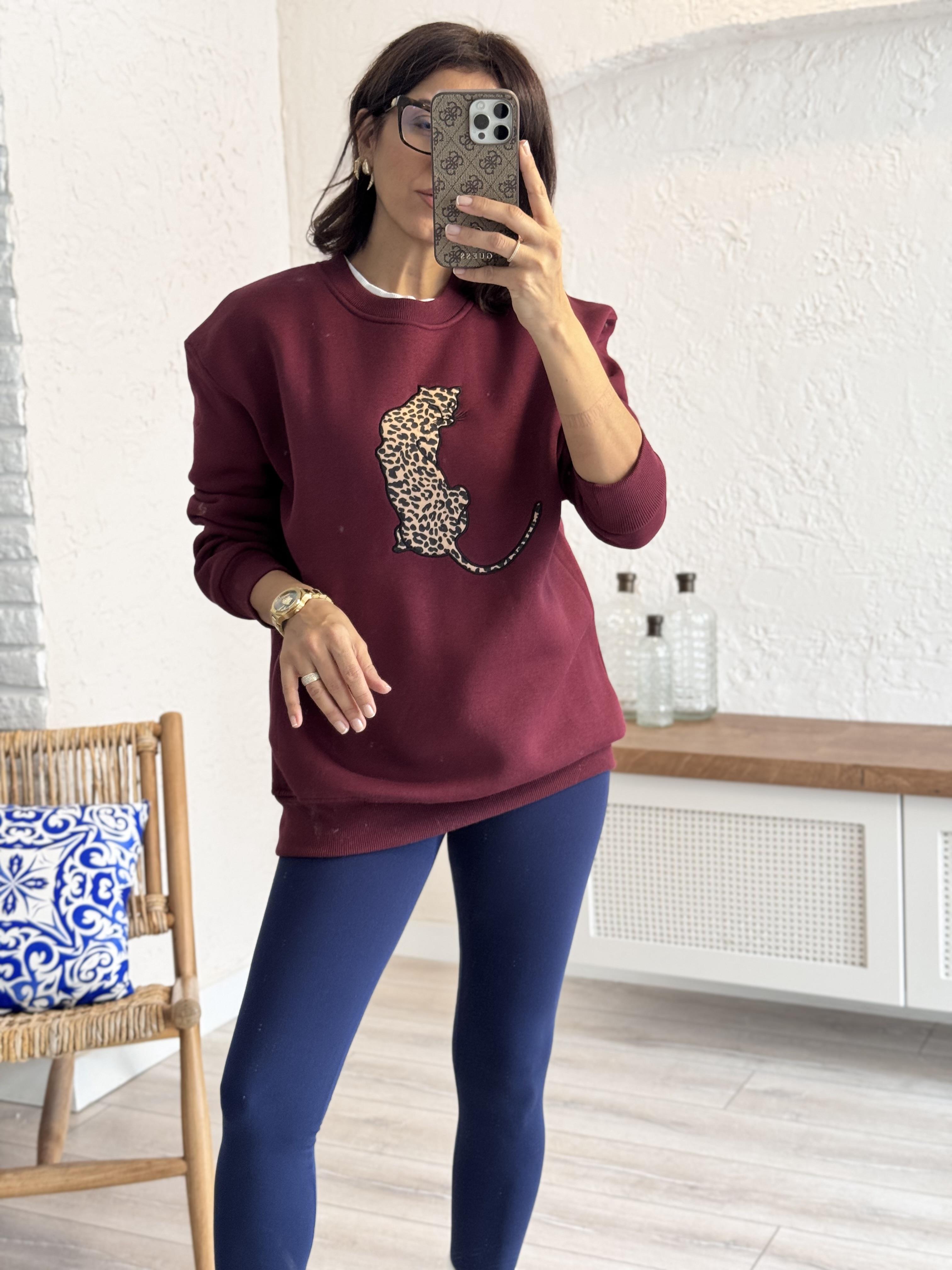 Bisiklet Yaka Leopar Figürlü Sweat Bordo