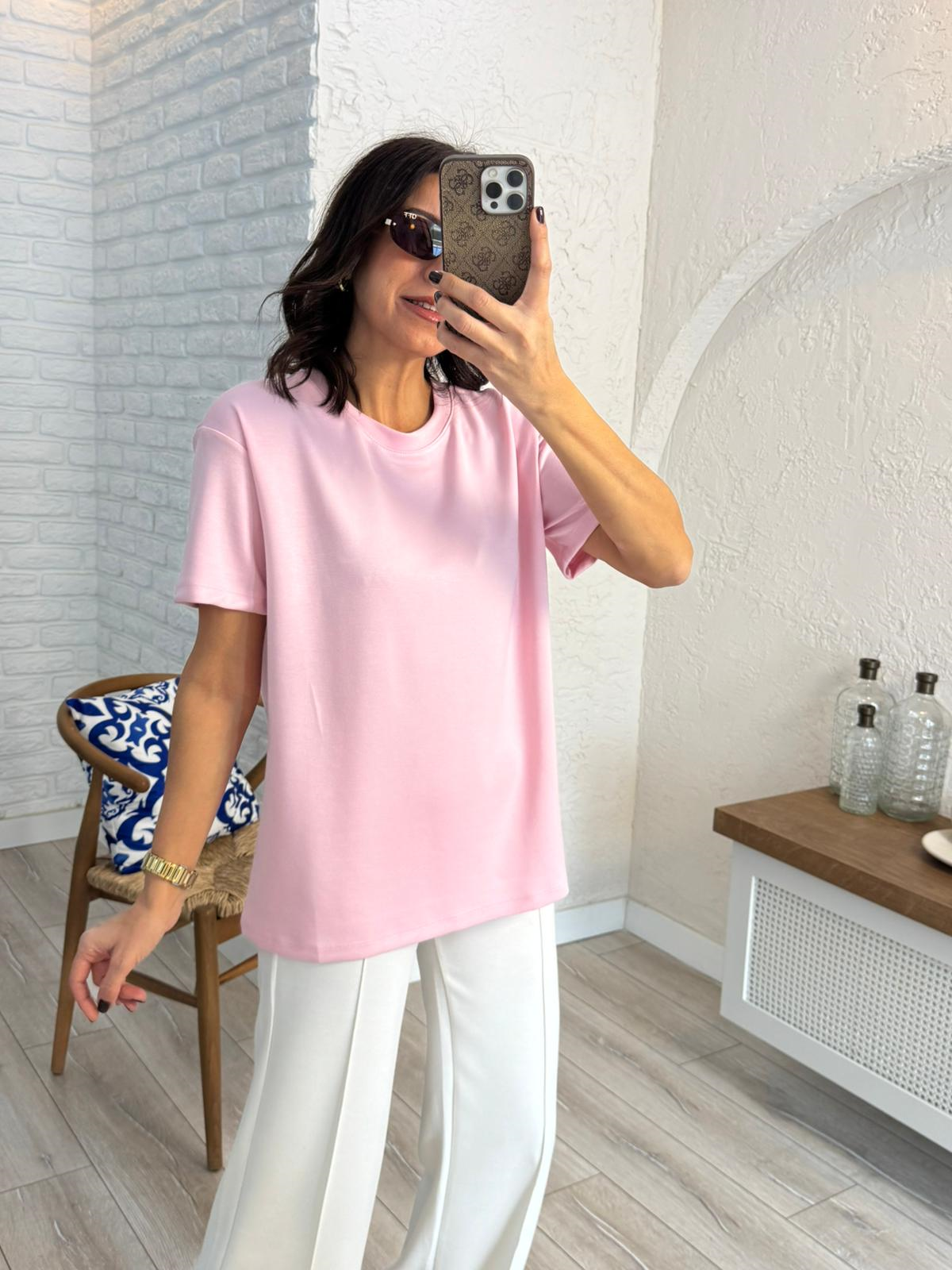 Bisiklet Yaka Modal Kumaş Tişört Pembe