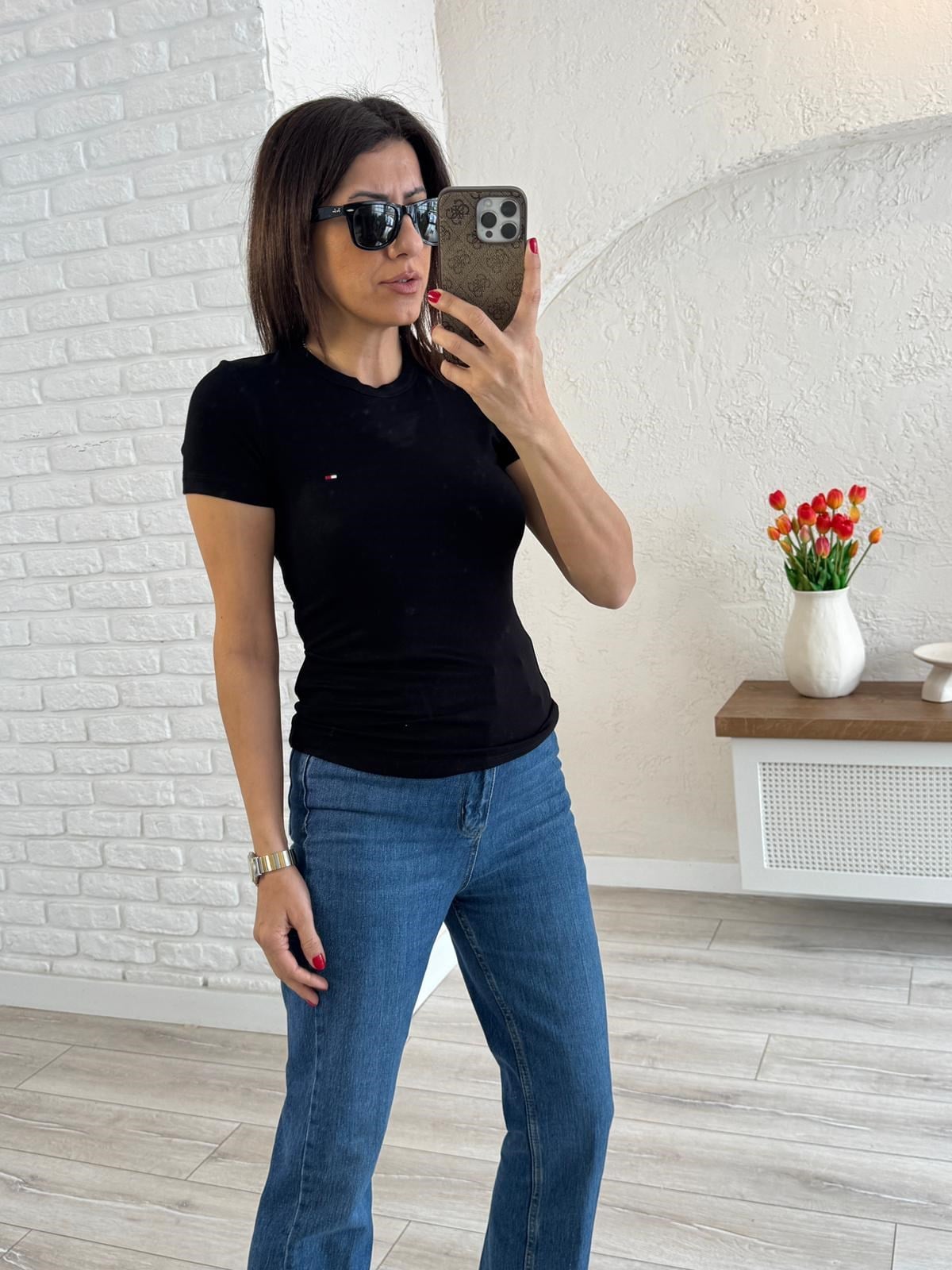 Bisiklet Yaka Nakışlı Pamuklu Badi Tom Siyah