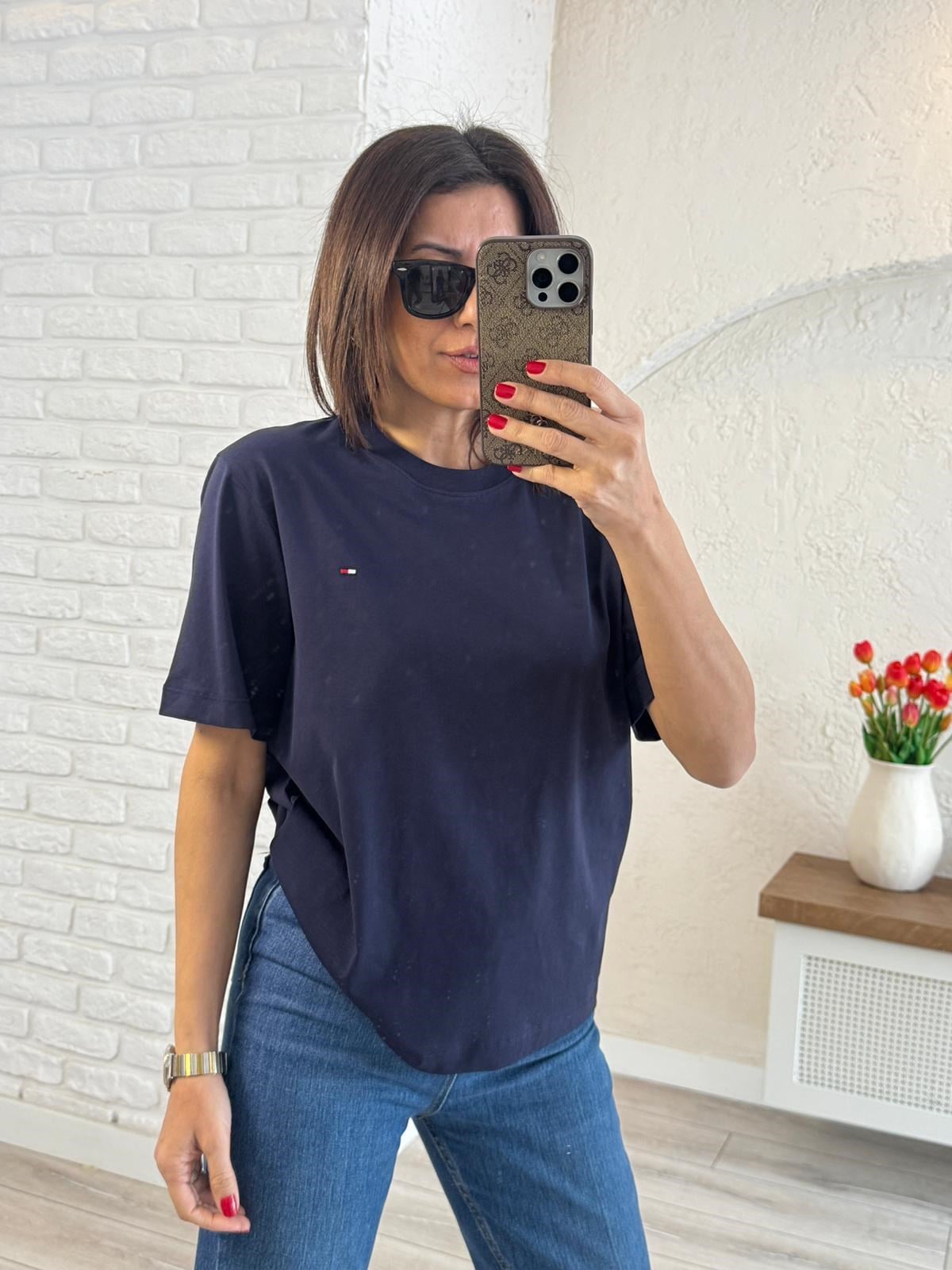 Bisiklet Yaka Nakışlı Pamuklu Tişört Tom Lacivert 