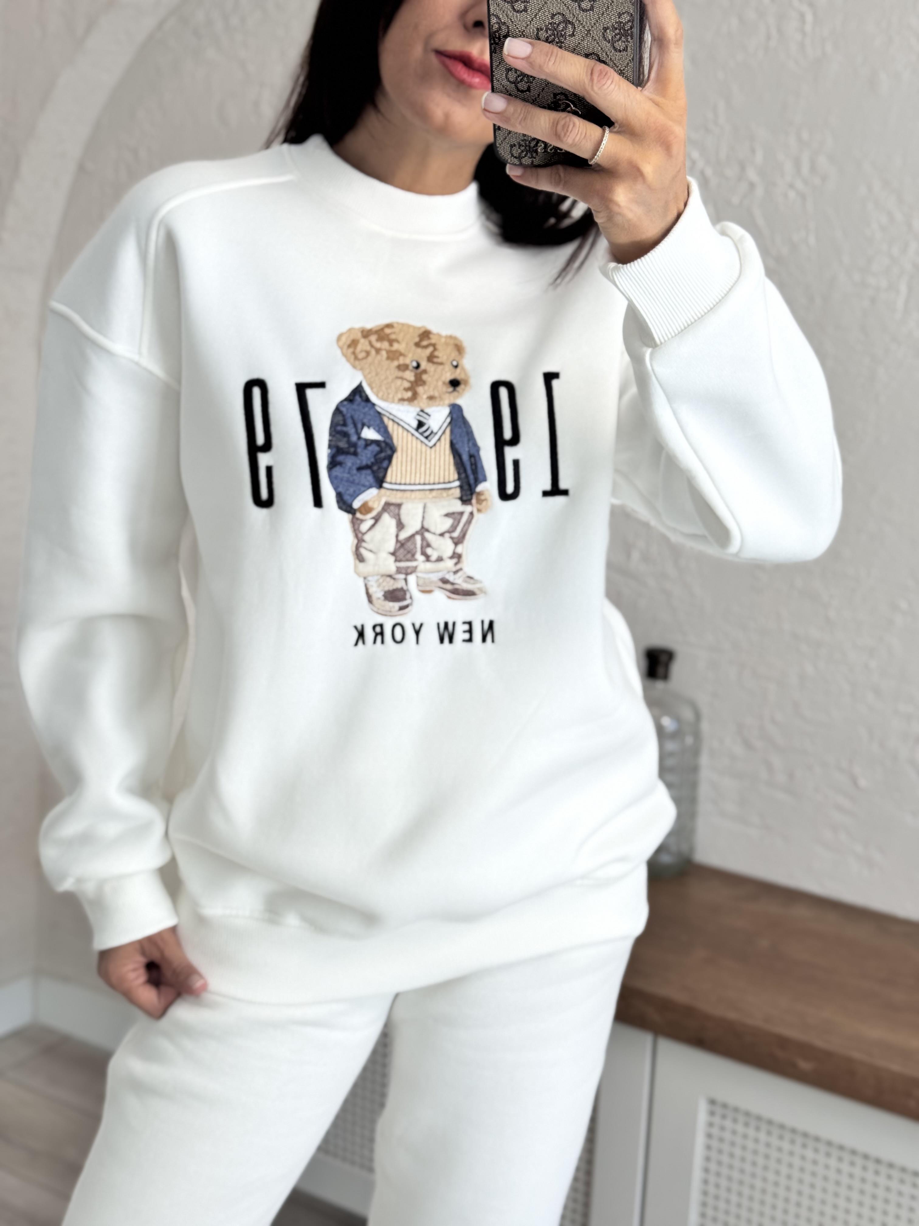 Bisiklet Yaka Newyork Baskı Beyaz Sweat 