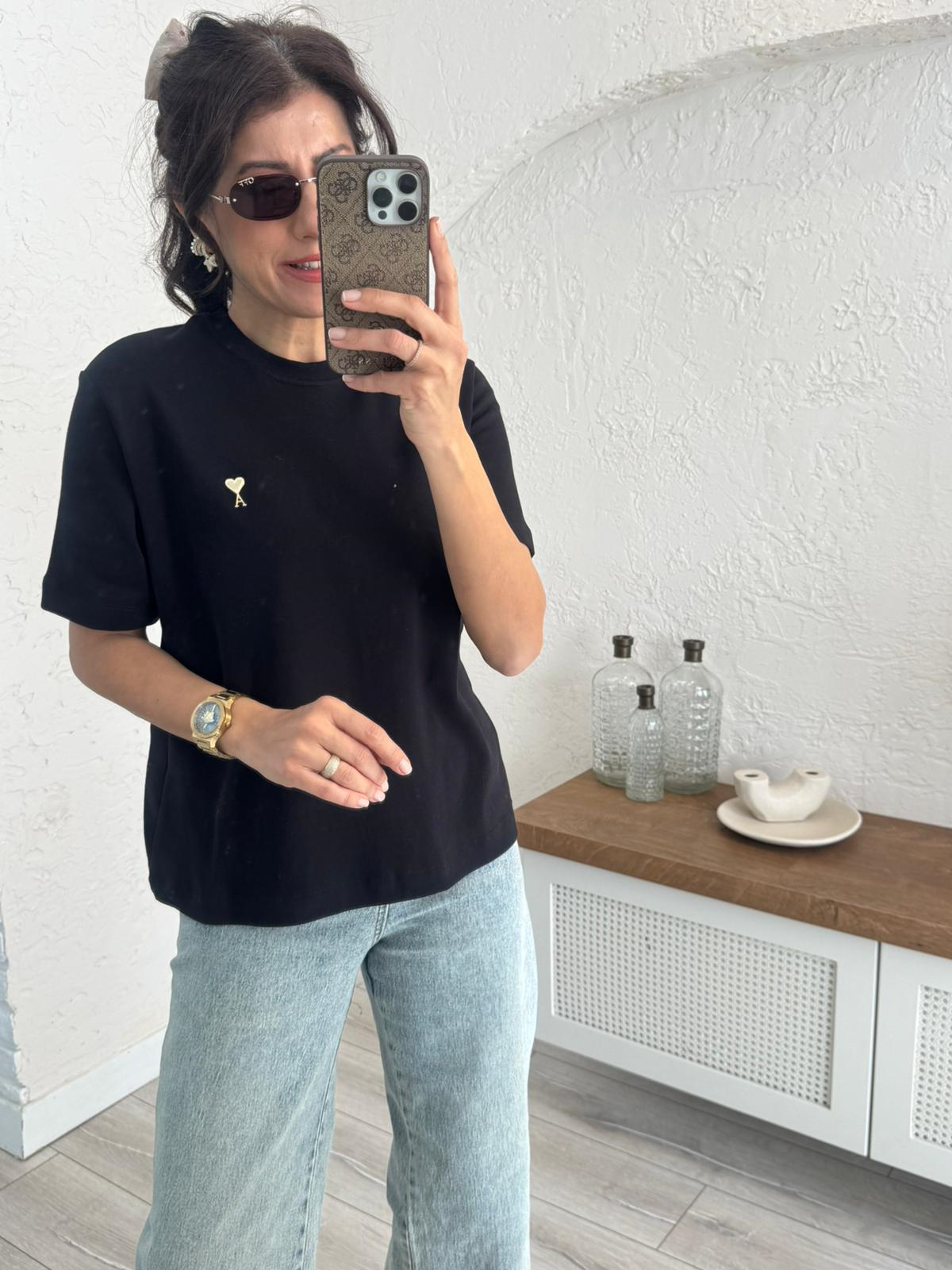 Bisiklet yaka Ön amblemli tshirt Siyah