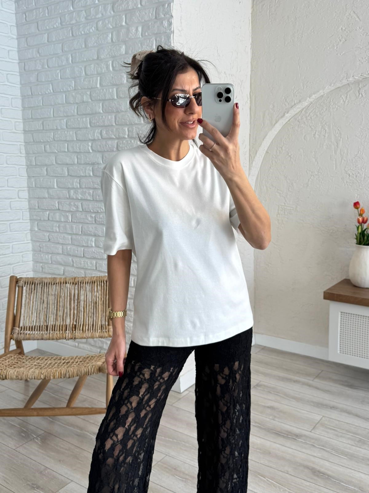 Bisiklet Yaka Pamuklu Tok Kumaş Tshirt Ekru
