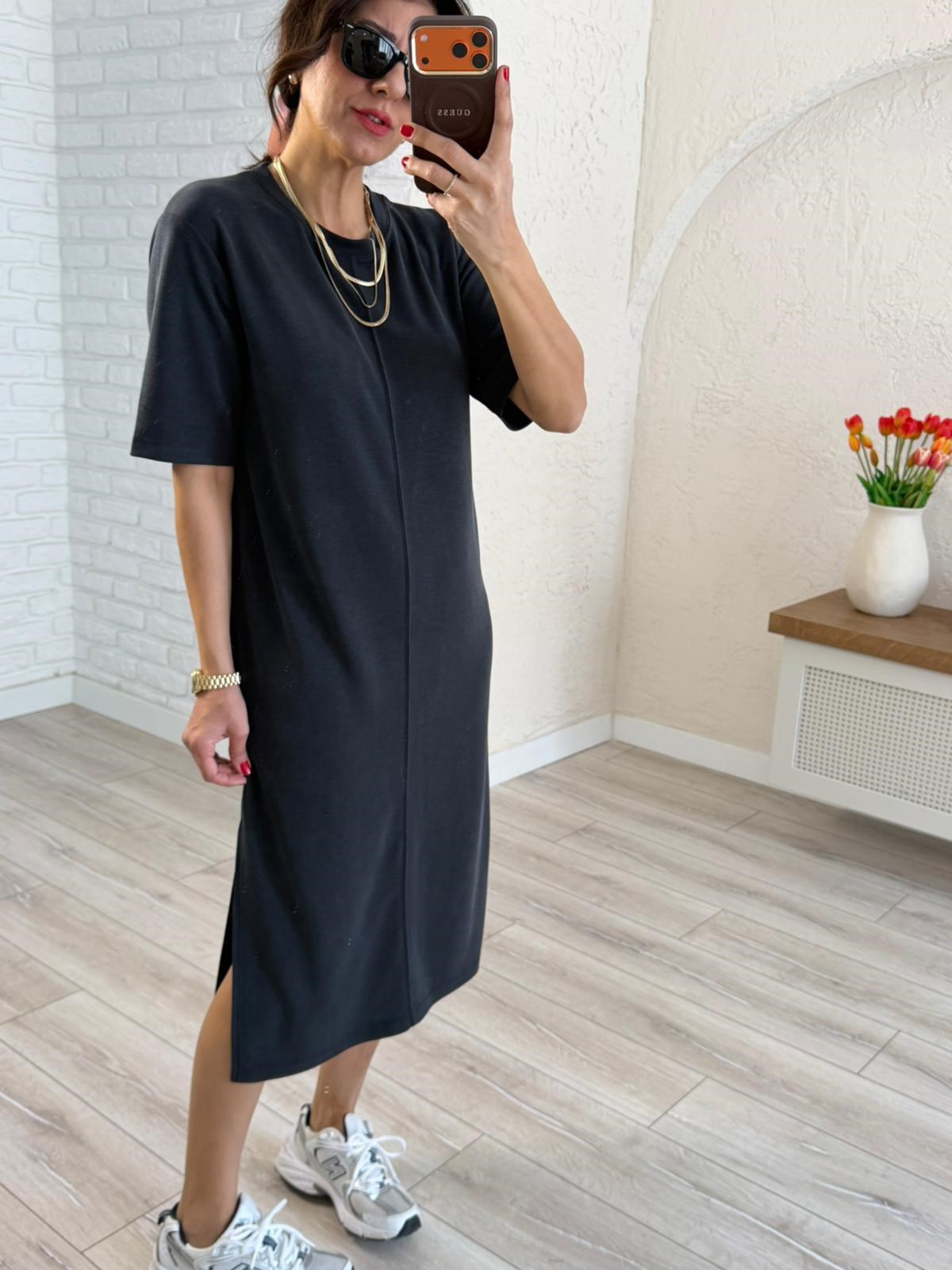 Bisiklet Yaka Pike Kısa Kol Elbise Siyah