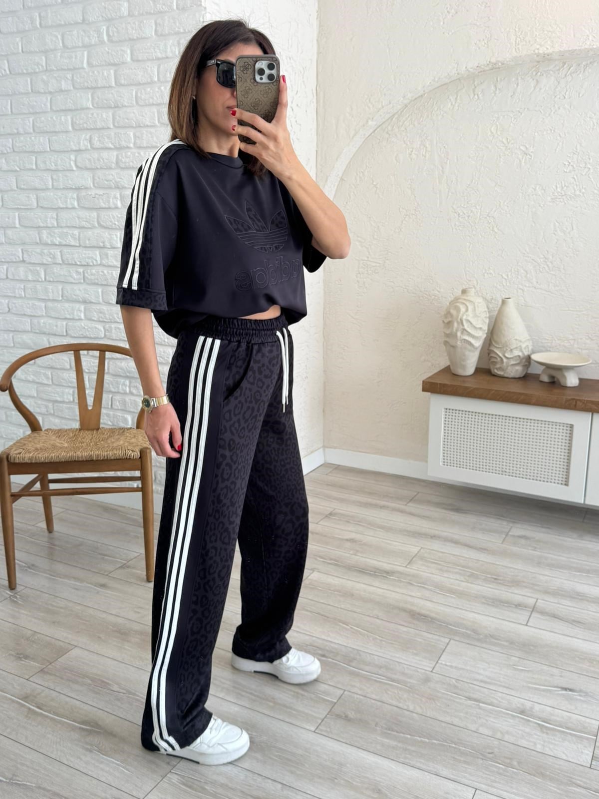 Bisiklet Yaka Şeritli Leopar Desenli Takım Antrasit