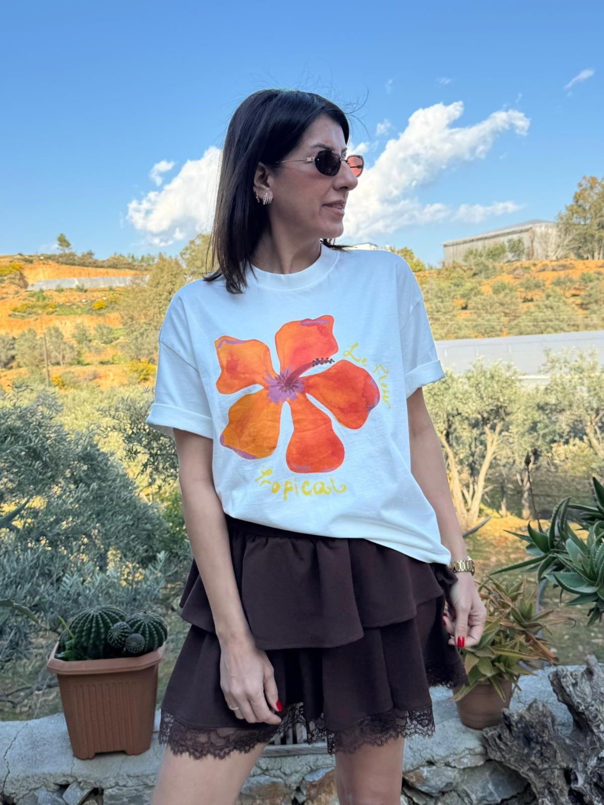 Bisiklet Yaka Tropical Çiçek Baskı Oversıze Tişört Ekru