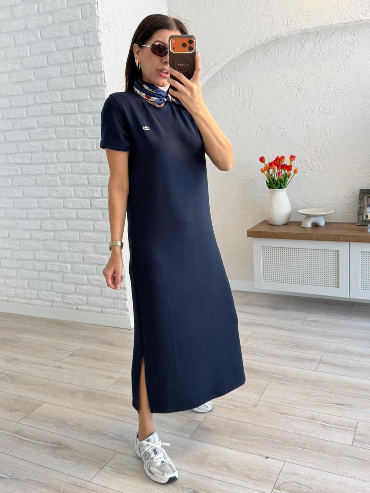 Bisiklet Yaka Yan Yırtmaçlı Modal Elbise  Lacivert