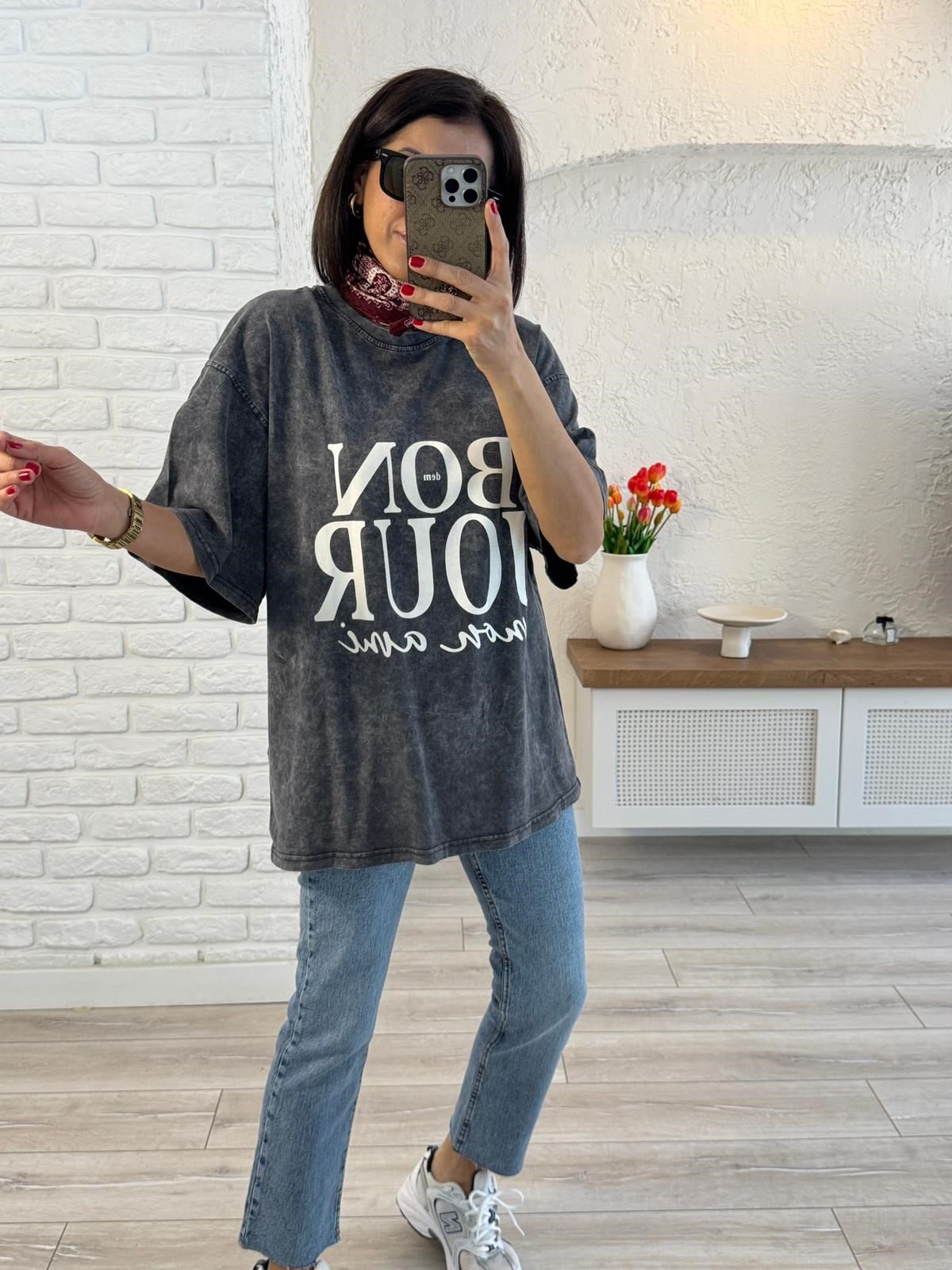 Bonjour Baskılı Oversize Tişört Antrasit 