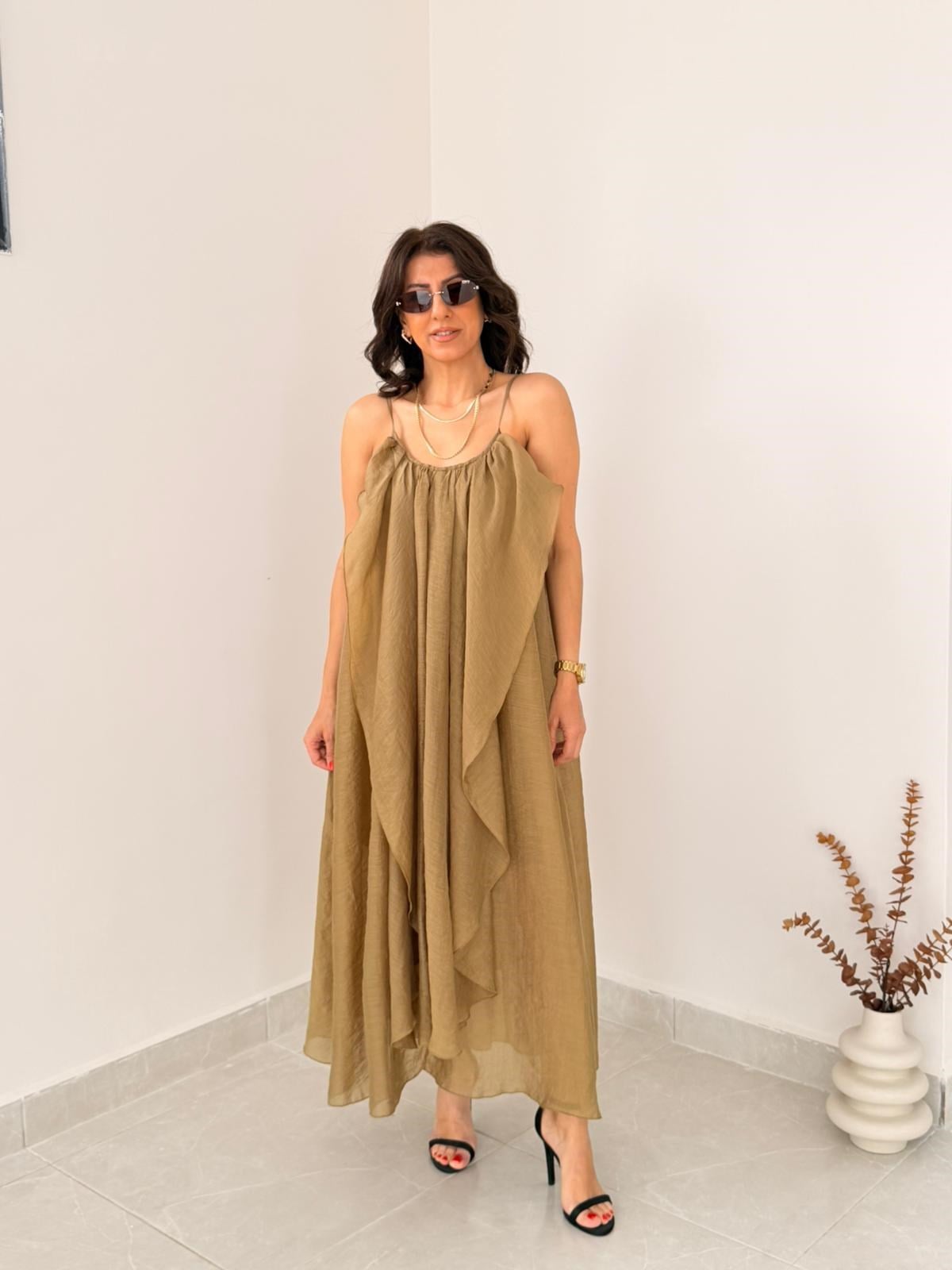 Büzgülü İç Astarlı İnce Askılı Uçuş Elbise Olive
