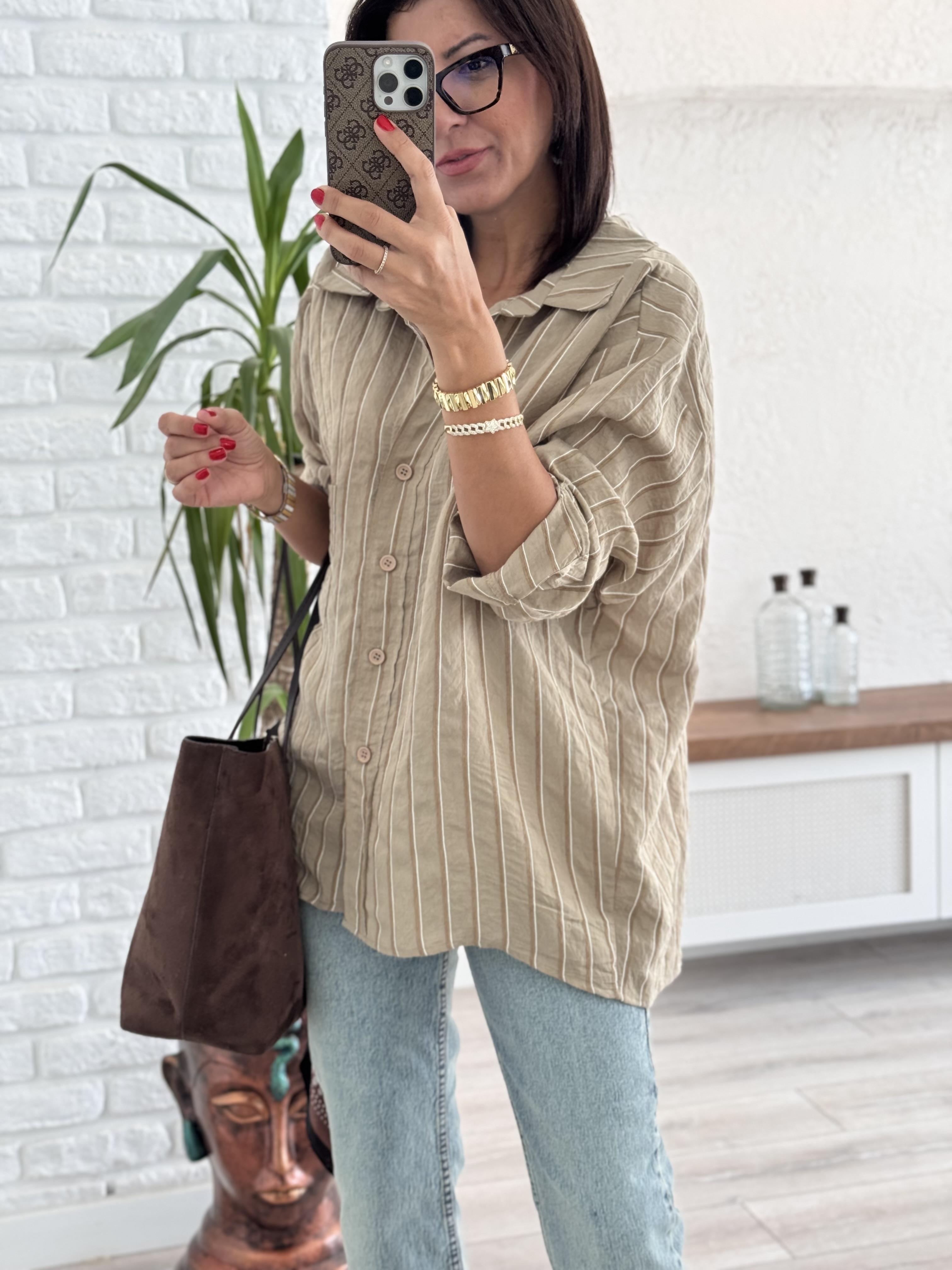 Çizgili Salaş Gömlek Haki