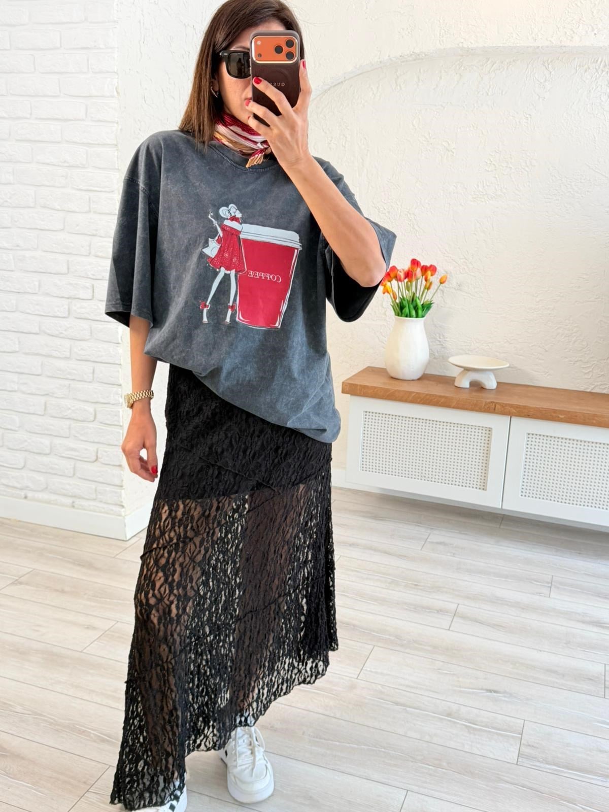 Coffee Baskılı Oversıze Tişört Eskitme Antrasit