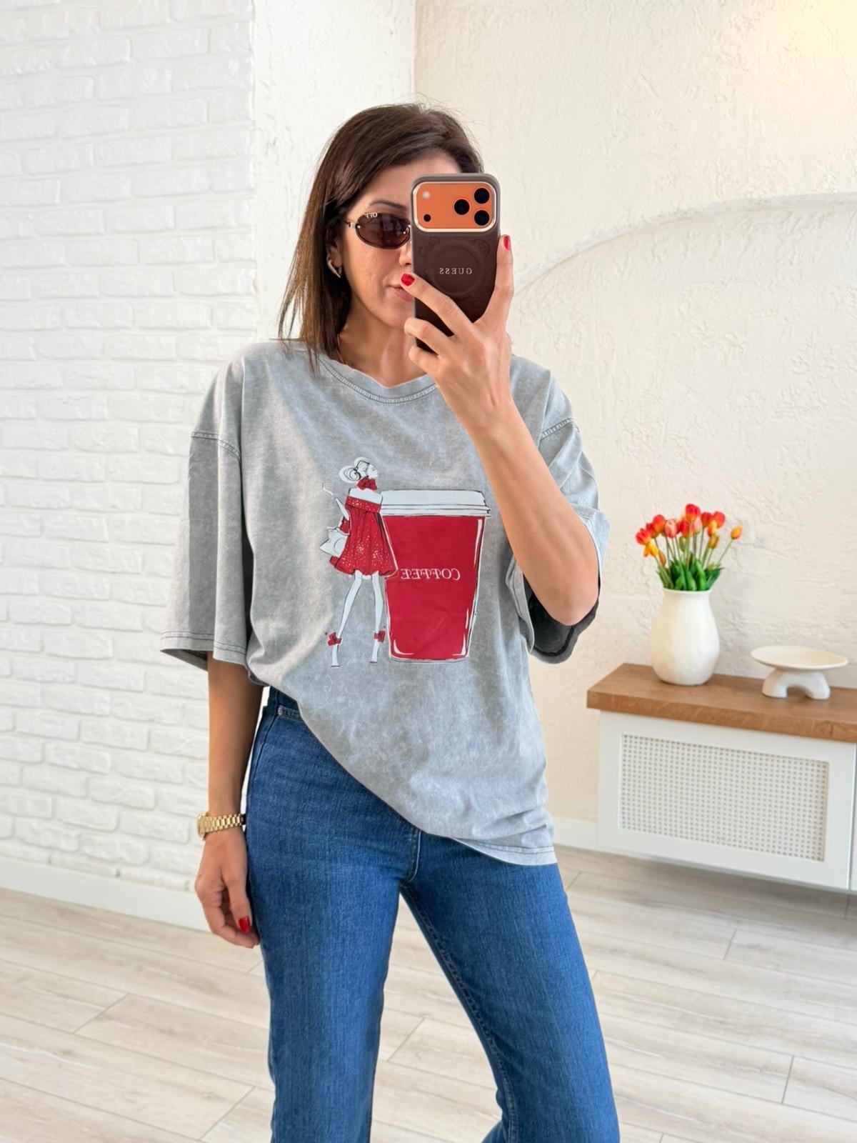 Coffee Baskılı Oversıze Tişört Eskitme Gri