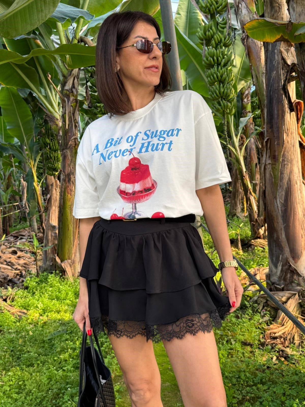 Dantel Detaylı Süet Kemerli Kat Kat Etek Siyah